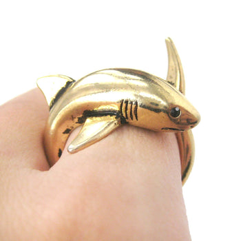 Shark Sea Animal Wrap Around Ring in Shiny Gold | Size 5 to 10 | Shark Week | DOTOLY