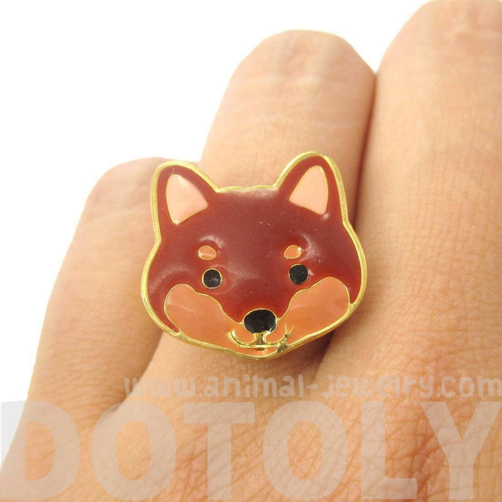 Shiba Inu Puppy Face Shaped Adjustable Animal Ring in Brown | Limited Edition Jewelry | DOTOLY