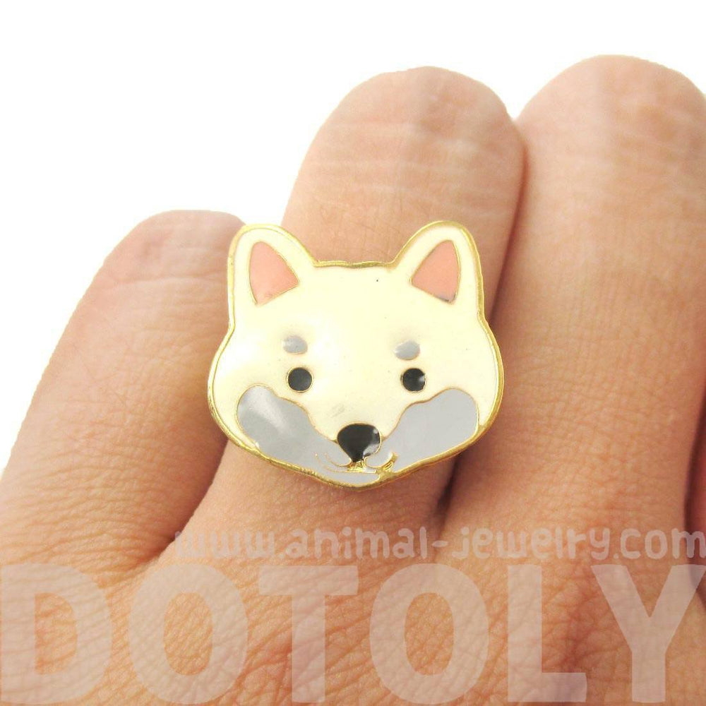 Shiba Inu Puppy Face Shaped Adjustable Animal Ring in White | Limited Edition Jewelry | DOTOLY