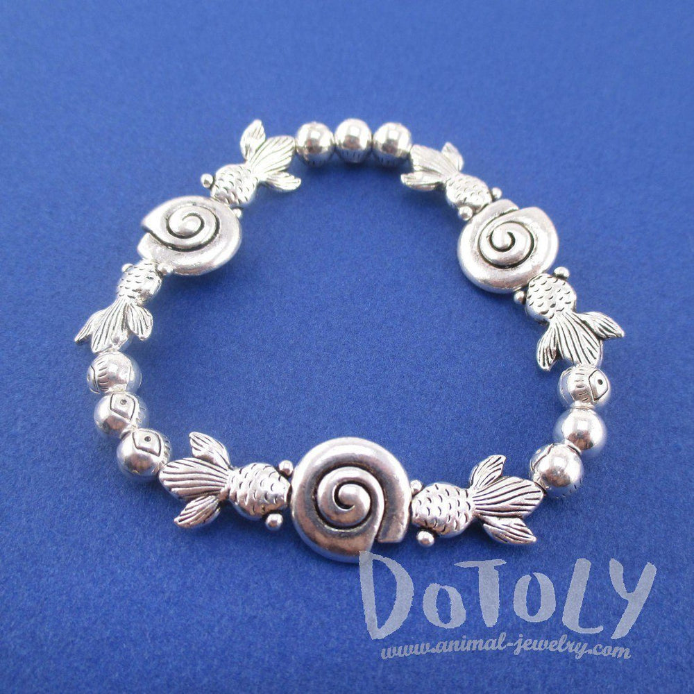 Silver Goldfish Seashell Shaped Charm Stretchy Bracelet