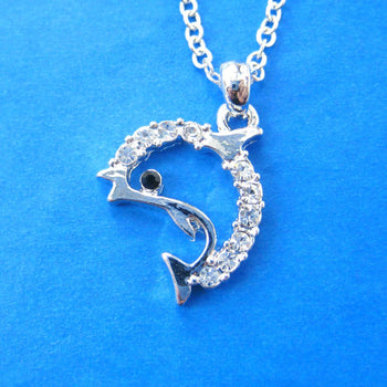 Simple Dolphin Shaped Sea Animal Pendant Necklace in Silver with Rhinestones | DOTOLY