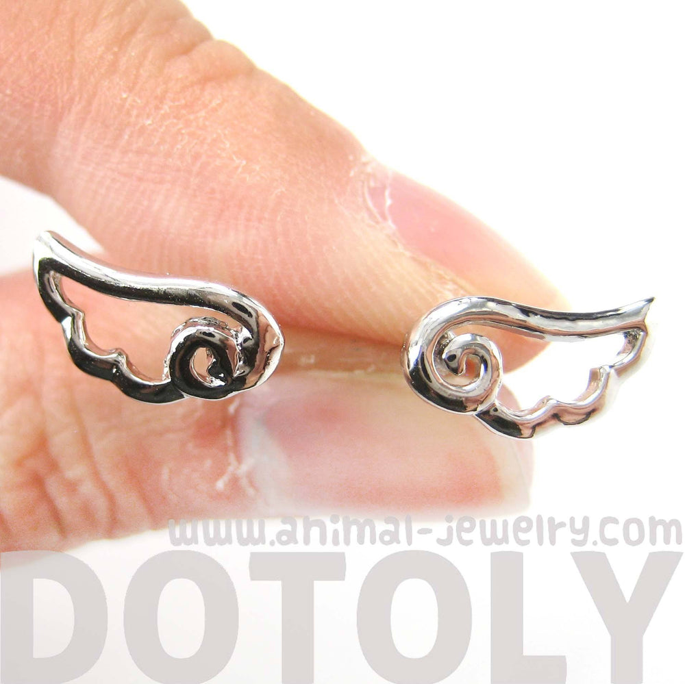 Small Angel Wings Feather Outline Stud Earrings in Silver | DOTOLY | DOTOLY