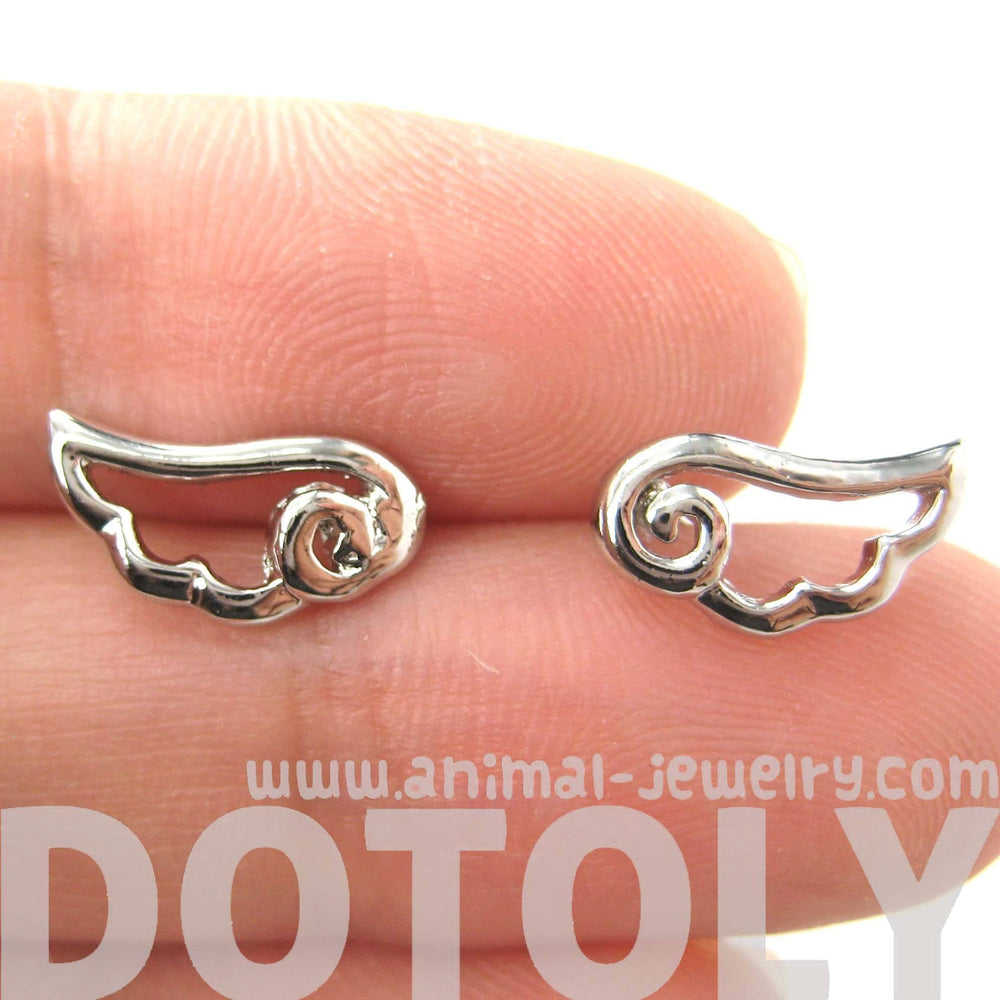 Small Angel Wings Feather Outline Stud Earrings in Silver | DOTOLY | DOTOLY