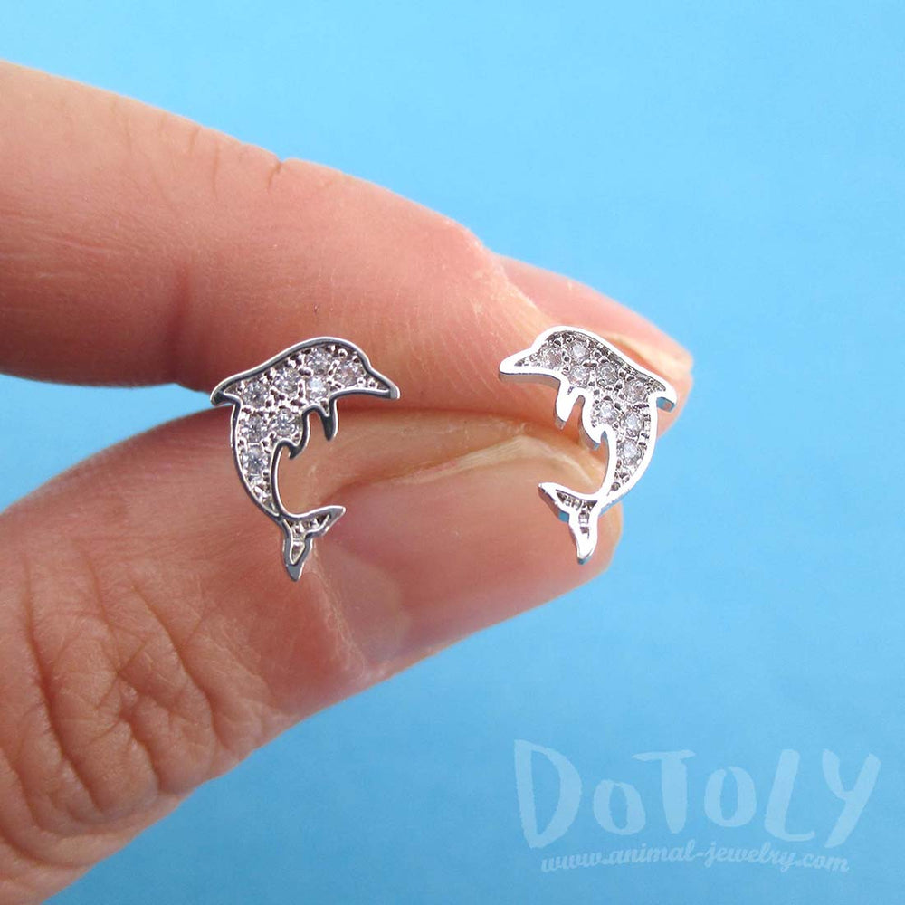 Small Dolphin Aquatic Animal Shaped Rhinestone Stud Earrings in Silver