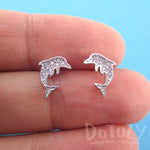 Small Dolphin Aquatic Animal Shaped Rhinestone Stud Earrings in Silver