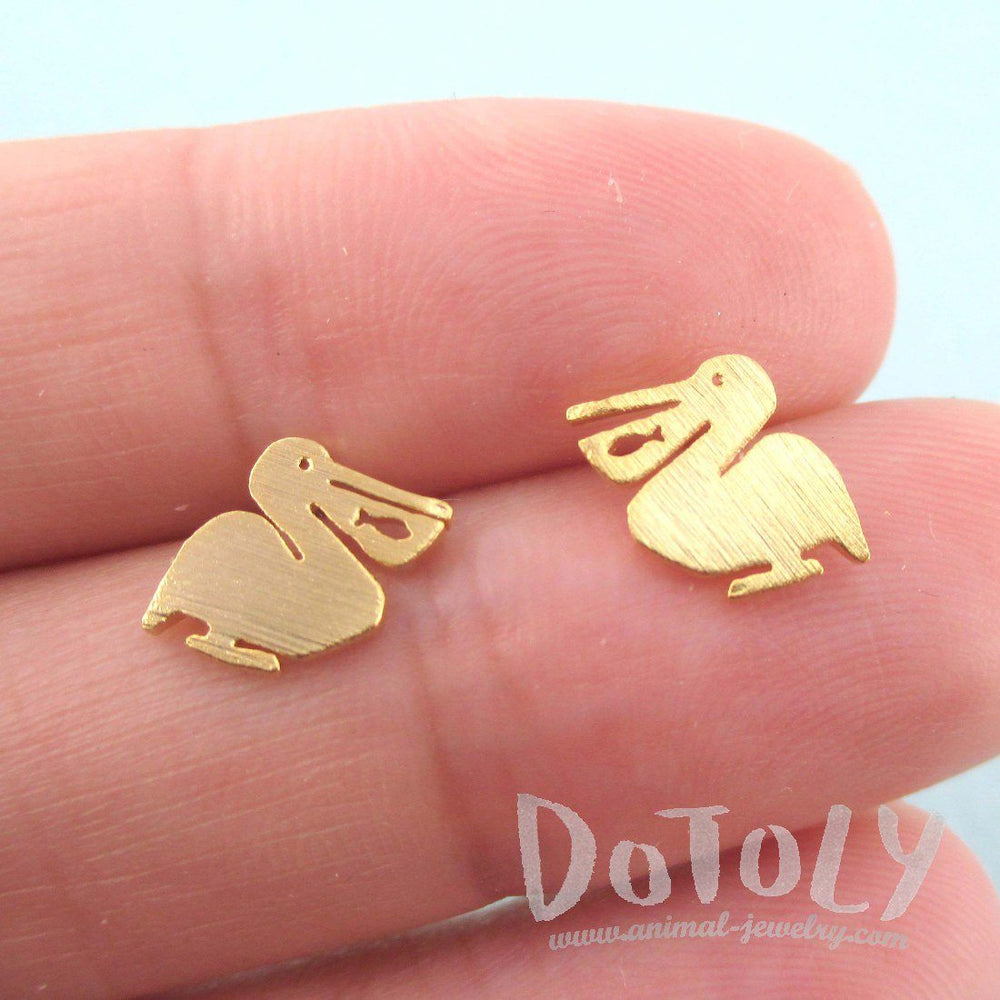 Pelican Silhouette with Fish Cut Out Shaped Stud Earrings in Gold