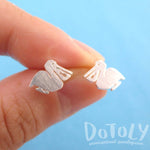 Small Pelican Silhouette with Fish Cut Out Shaped Stud Earrings in Silver | Allergy Free | DOTOLY