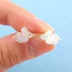 Small Pelican Silhouette with Fish Cut Out Shaped Stud Earrings in Silver | Allergy Free | DOTOLY