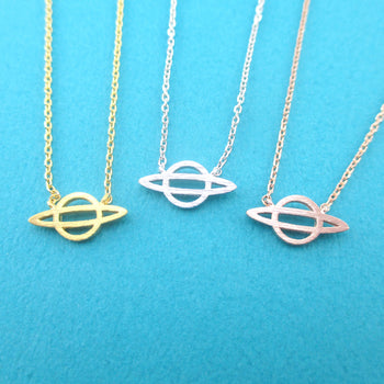 Small Planet Saturn Outline Shaped Universe Themed Pendant Necklace