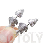 Small Salmon Trout Fish Shaped Front and Back Stud Earrings in Shiny Silver | DOTOLY