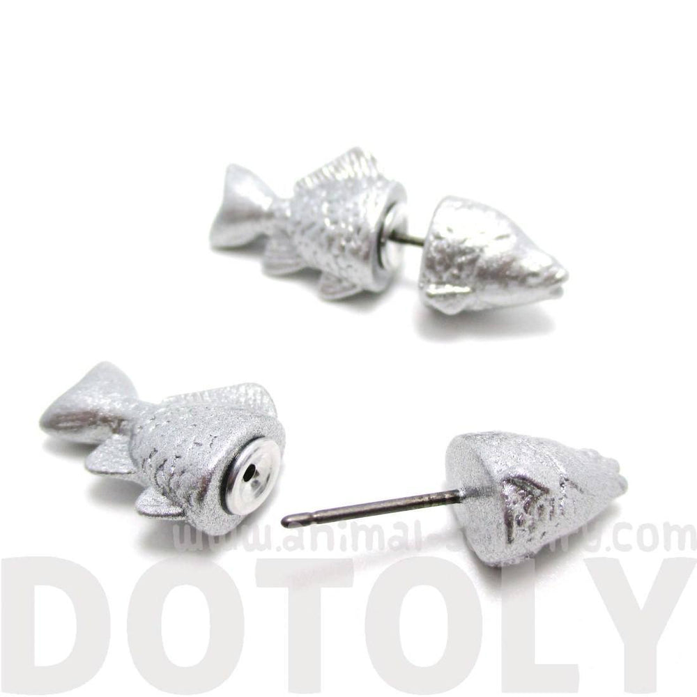 Small Salmon Trout Fish Shaped Front and Back Stud Earrings in Shiny Silver | DOTOLY