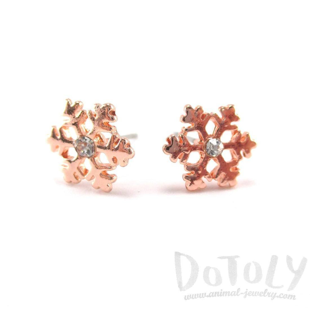 Small Snowflake Shaped Stud Earrings in Rose Gold with Rhinestones | DOTOLY | DOTOLY