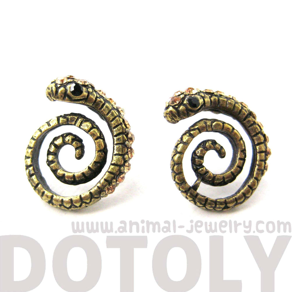 Snake Shaped Stud Earrings in Brass with Rhinestones | Animal Jewelry | DOTOLY