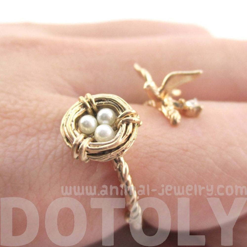 Sparrow and Bird Nest on A Branch Wrap Around Adjustable Ring in Antique Gold | DOTOLY