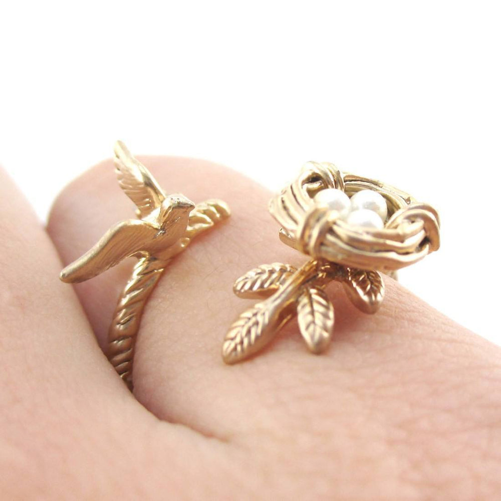 Sparrow and Bird Nest on A Branch Wrap Around Adjustable Ring in Antique Gold | DOTOLY