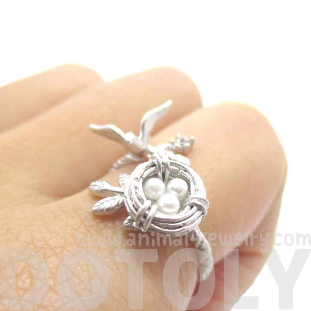 Sparrow and Bird Nest on A Branch Wrap Around Adjustable Ring in Silver | DOTOLY