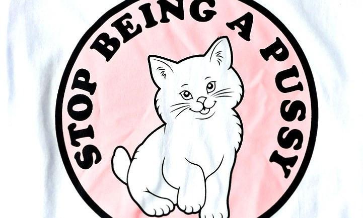 Stop Being A Pussy (Cat) Long Graphic Tee T-Shirts in White | DOTOLY