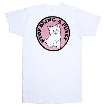 Stop Being A Pussy (Cat) Long Graphic Tee T-Shirts in White | DOTOLY