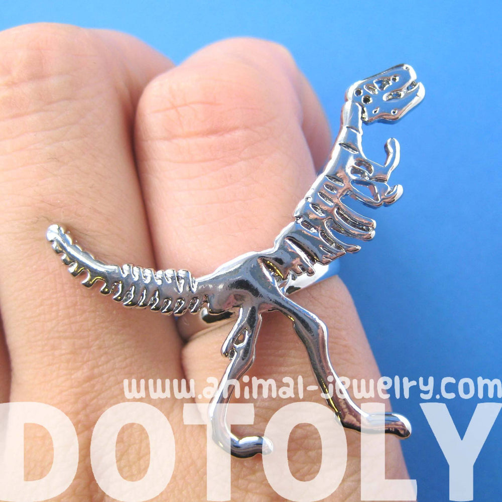 T-Rex Dinosaur Dino Fossil Skeleton Bones Adjustable Ring in Shiny Silver | DOTOLY