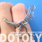 T-Rex Dinosaur Dino Fossil Skeleton Bones Adjustable Ring in Shiny Silver | DOTOLY