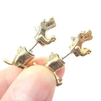 T-Rex Dinosaur Shaped Front and Back Two Part Earrings in Gold | DOTOLY