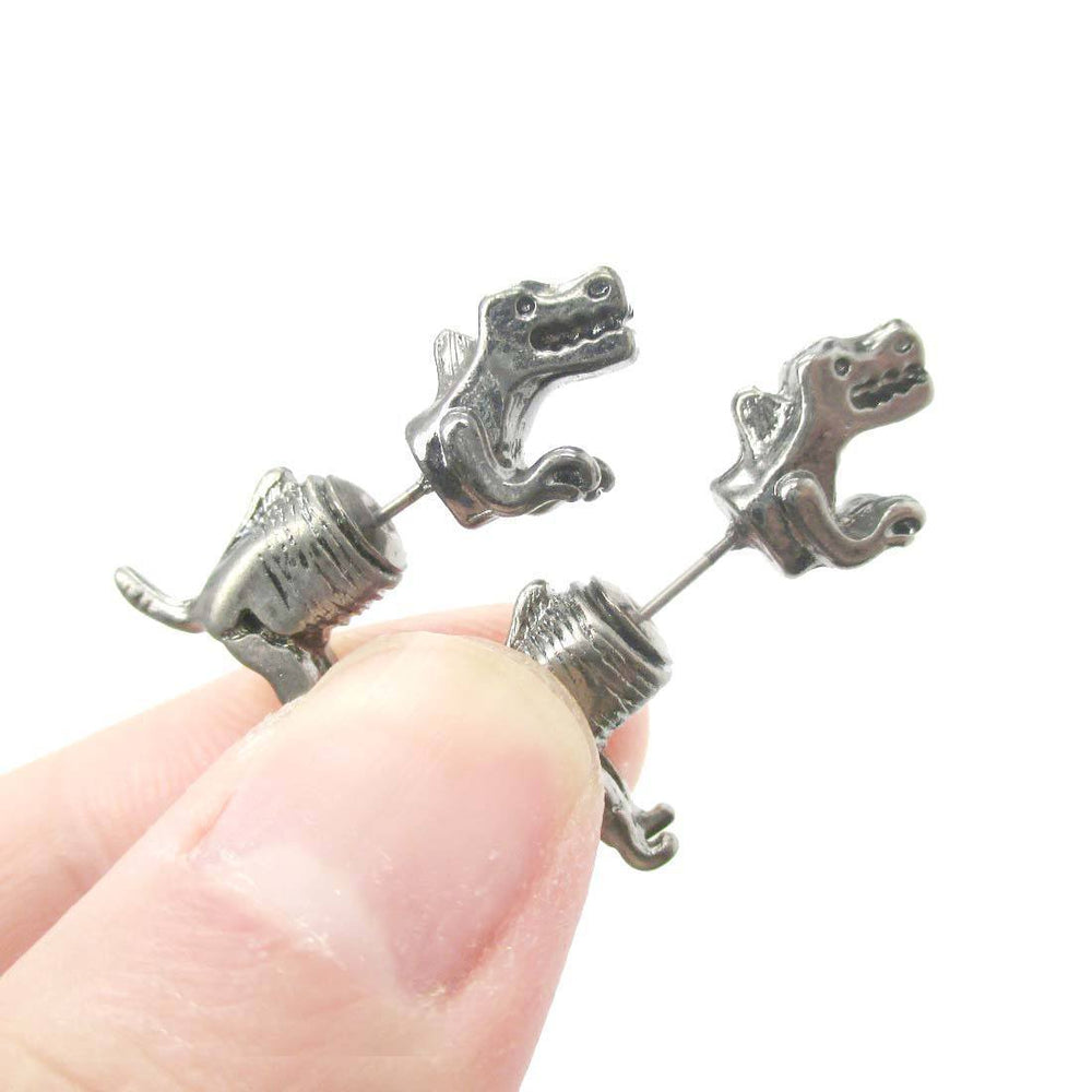 T-Rex Dinosaur Shaped Front and Back Two Part Earrings in Gunmetal Silver | DOTOLY