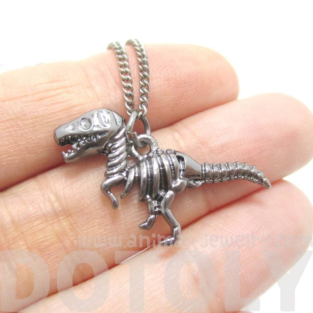T Rex Dinosaur Skeleton Fossil Animal Bones Pendant Necklace in Silver | DOTOLY