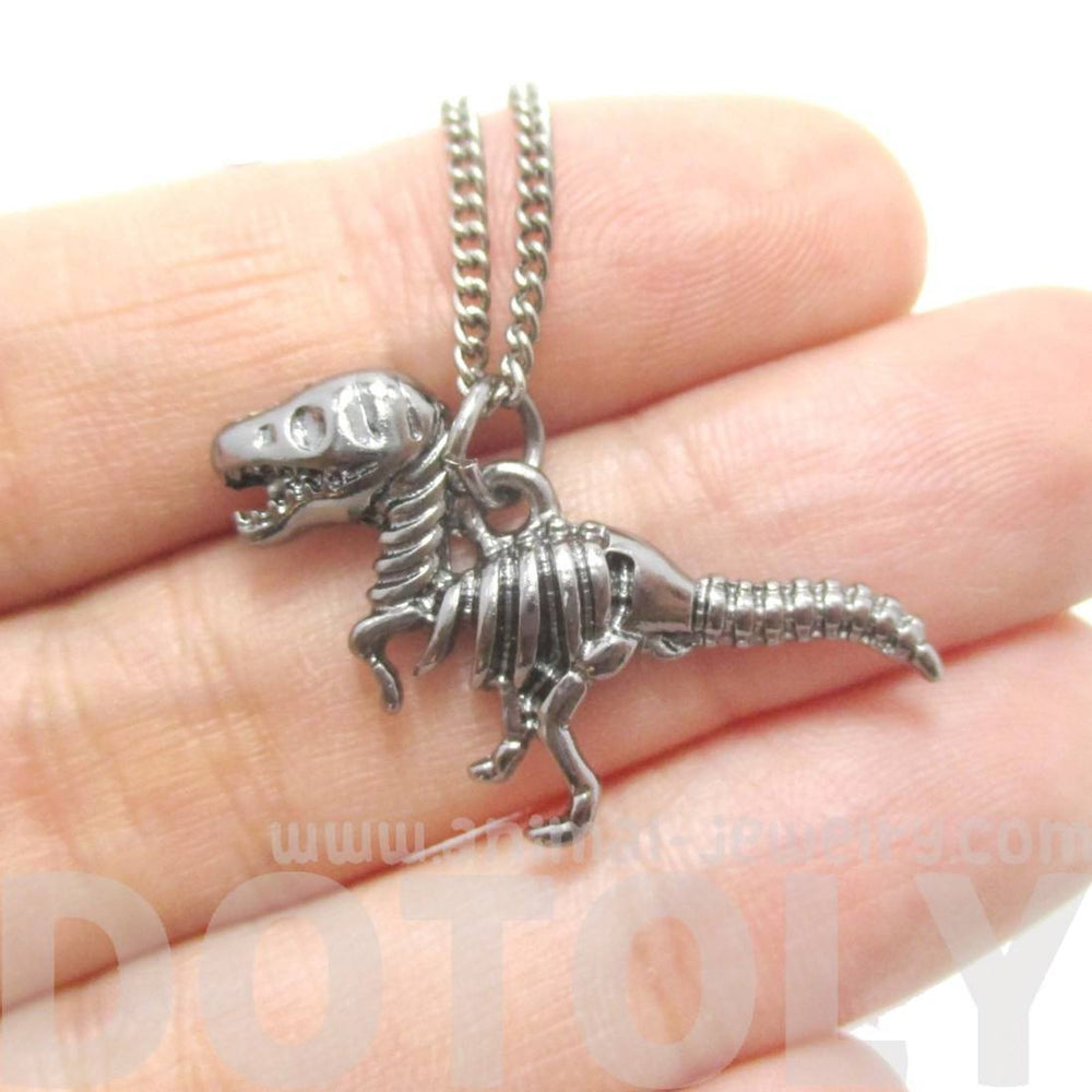 T Rex Dinosaur Skeleton Fossil Animal Bones Pendant Necklace in Silver | DOTOLY