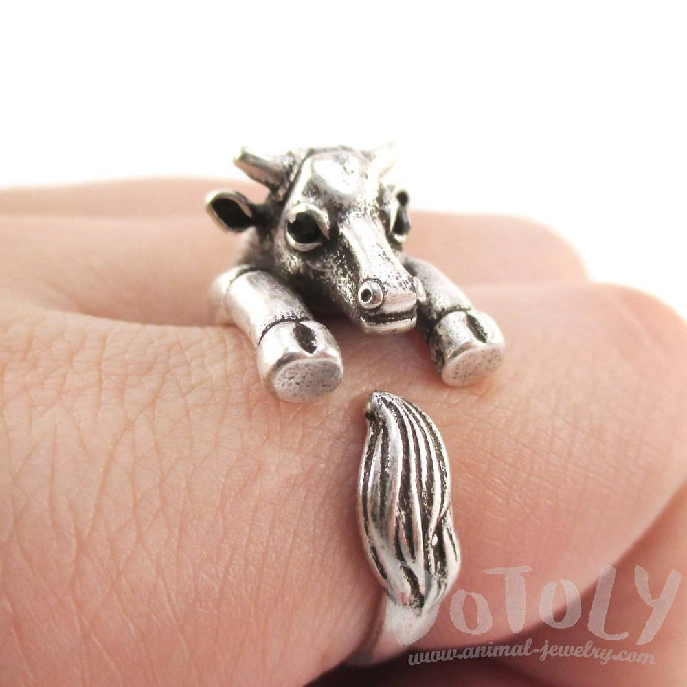 Taurus Bull Cow Shaped Animal Hugging Your Finger Ring in Silver | US Size 5 to 8 | DOTOLY