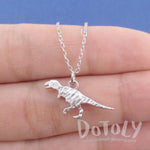 Textured Velociraptor Dinosaur Silhouette Shaped Pendant Necklace in Silver