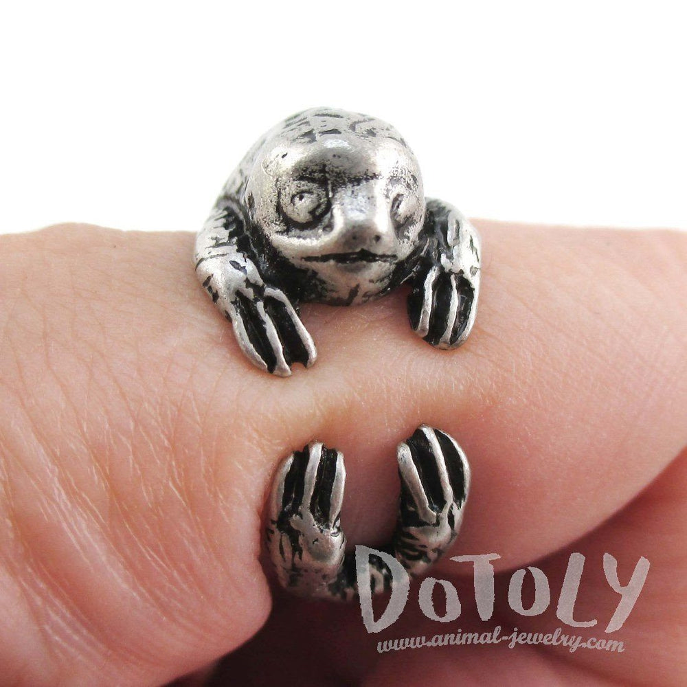 Three Toed Sloth Wrapped Around Your Finger Animal Ring in Silver