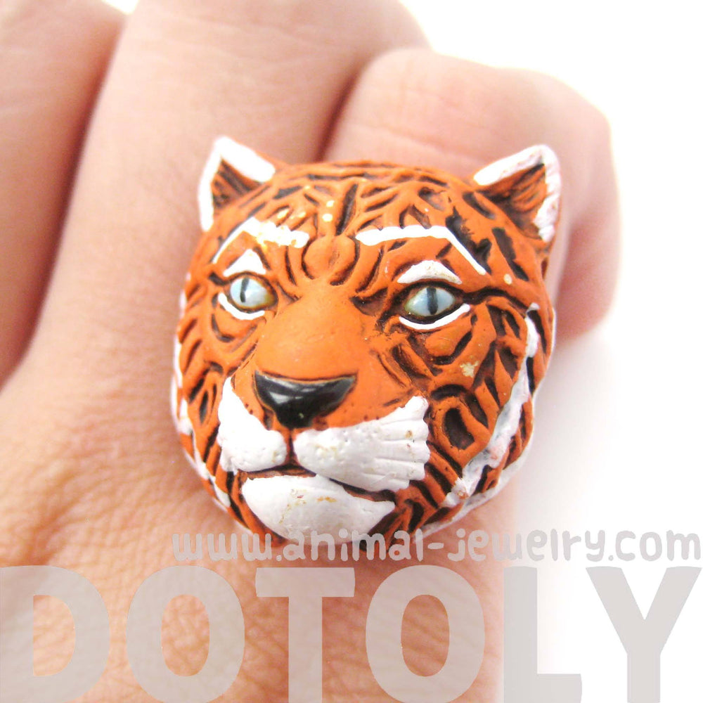 Tiger Head Shaped Porcelain Ceramic Adjustable Animal Ring | Handmade | DOTOLY