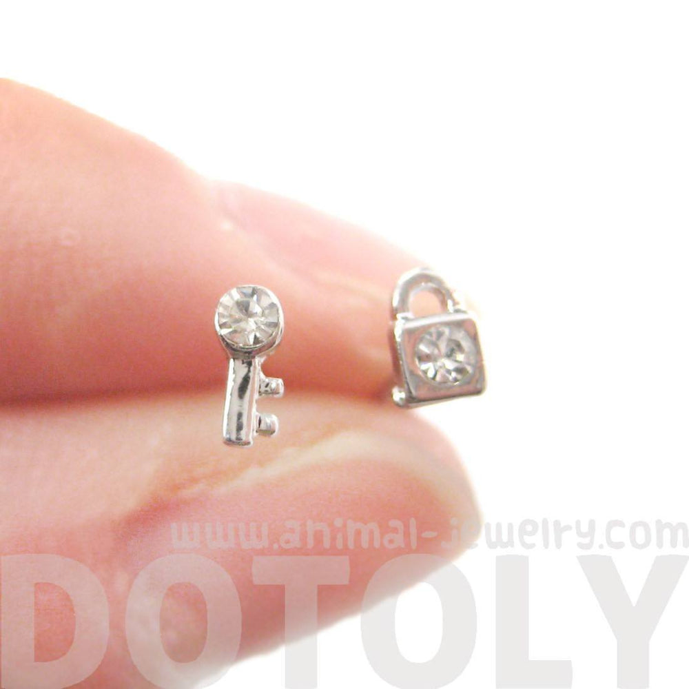 Tiny Lock and Key Shaped Stud Earrings in Silver with Rhinestones | DOTOLY | DOTOLY