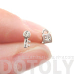 Tiny Lock and Key Shaped Stud Earrings in Silver with Rhinestones | DOTOLY | DOTOLY