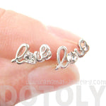 Tiny Love Cursive Letter Shaped Stud Earrings in Silver with Rhinestones | DOTOLY | DOTOLY