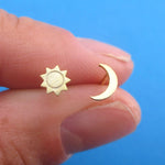 Minimal Sun and Crescent Moon Shaped 925 Sterling Silver Stud Earrings
