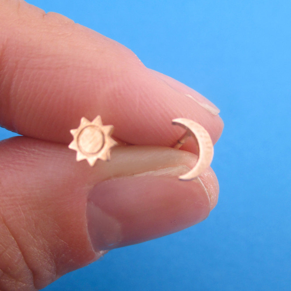 Minimal Sun and Crescent Moon Shaped 925 Sterling Silver Stud Earrings