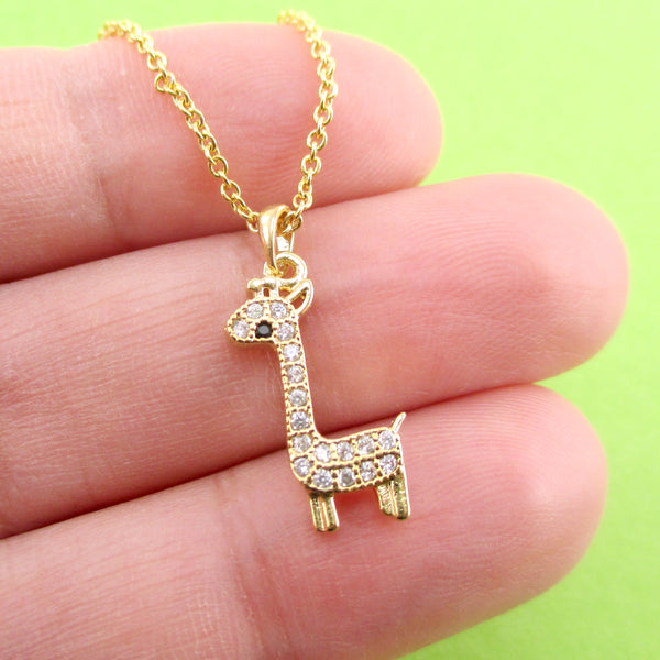 Tiny Rhinestone Baby Giraffe Shaped Pendant Necklace in Gold
