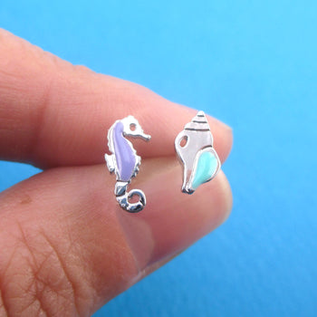 Tiny Seahorse and Conch Sea Shell Shaped Stud Earrings