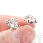 Tiny Tarantula Spider Shaped Stud Earrings in Silver with Rhinestones | DOTOLY