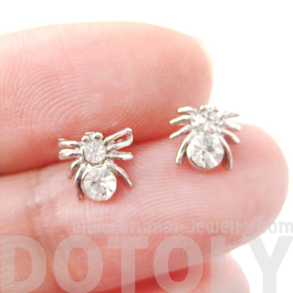 Tiny Tarantula Spider Shaped Stud Earrings in Silver with Rhinestones | DOTOLY