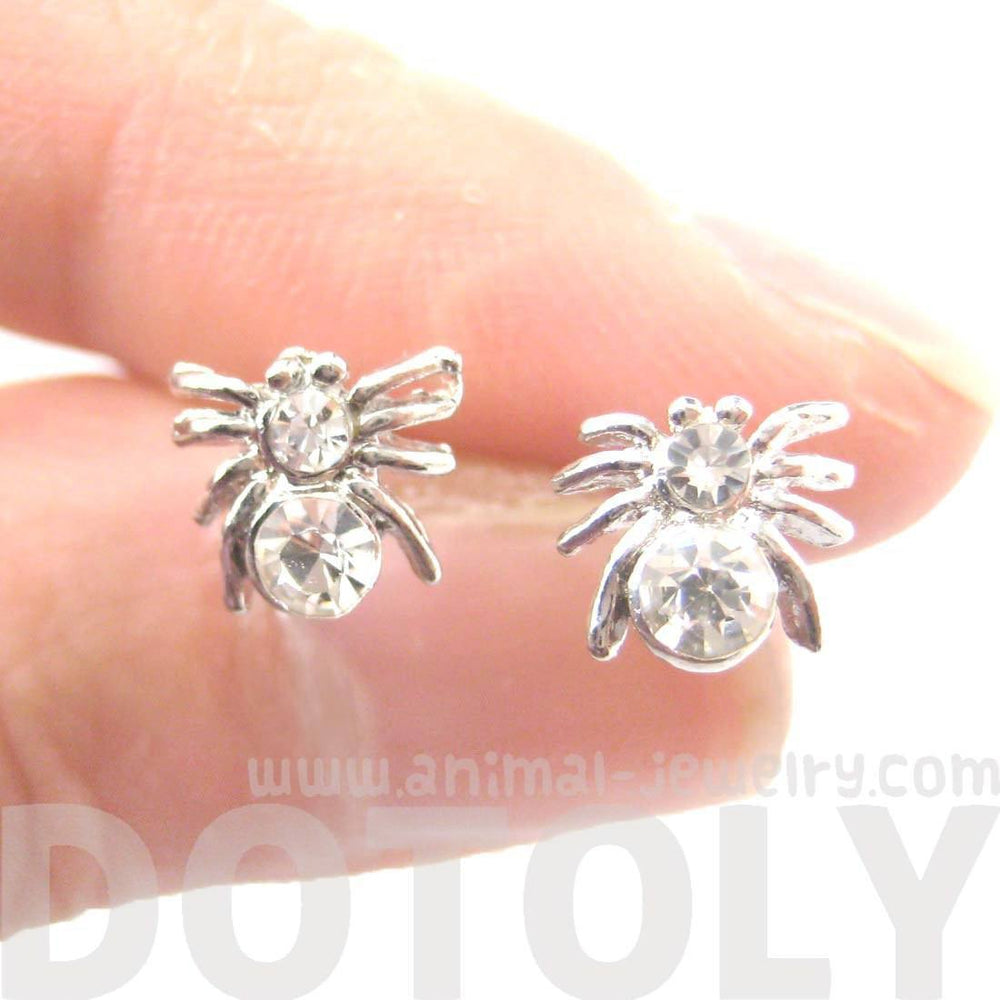 Tiny Tarantula Spider Shaped Stud Earrings in Silver with Rhinestones | DOTOLY