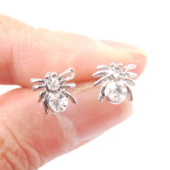 Tiny Tarantula Spider Shaped Stud Earrings in Silver with Rhinestones | DOTOLY