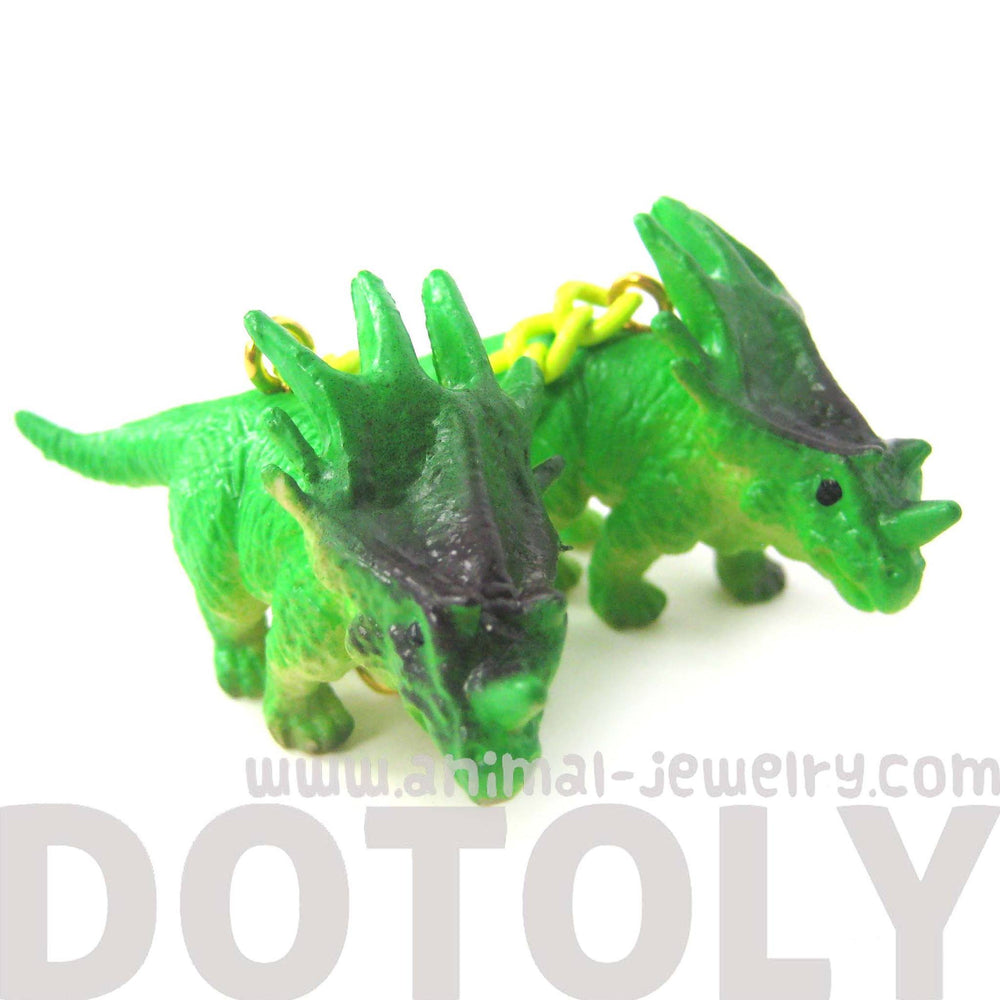 Triceratops Dinosaur Animal Figurine Shaped Dangle Earrings in Green | DOTOLY