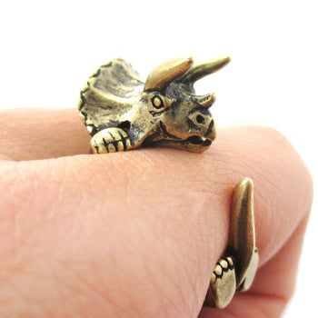 Triceratops Dinosaur Prehistoric Animal Wrap Around Hug Ring in Brass | US Size 4 to 8.5 | DOTOLY