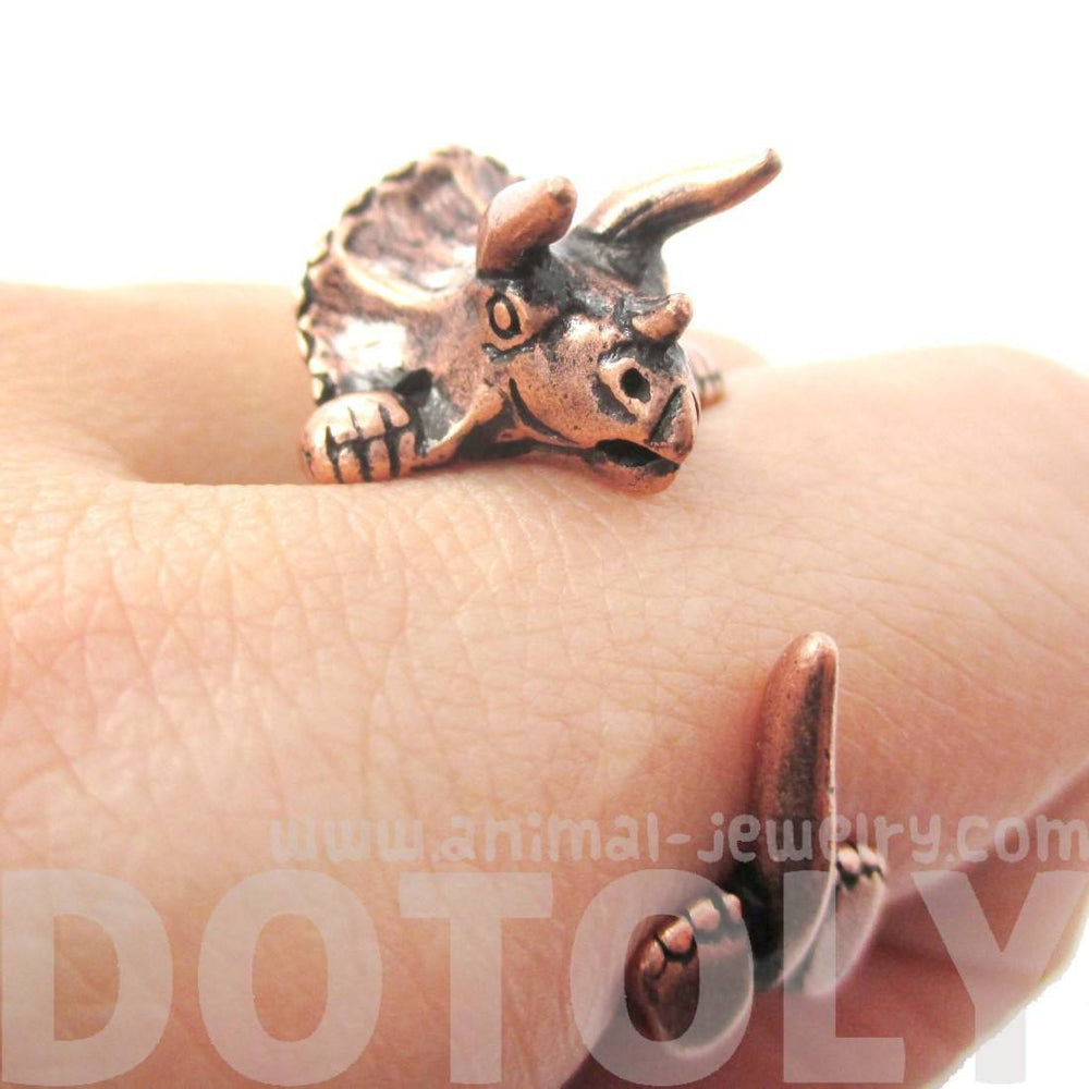 Triceratops Dinosaur Prehistoric Animal Wrap Around Hug Ring in Copper | US Size 4 to 8.5 | DOTOLY