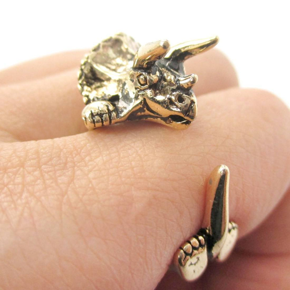 Triceratops Dinosaur Prehistoric Animal Wrap Around Hug Ring in Shiny Gold | US Size 4 to 8.5 | DOTOLY