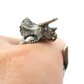 Triceratops Dinosaur Prehistoric Animal Wrap Around Hug Ring in Silver | US Size 4 to 8.5 | DOTOLY