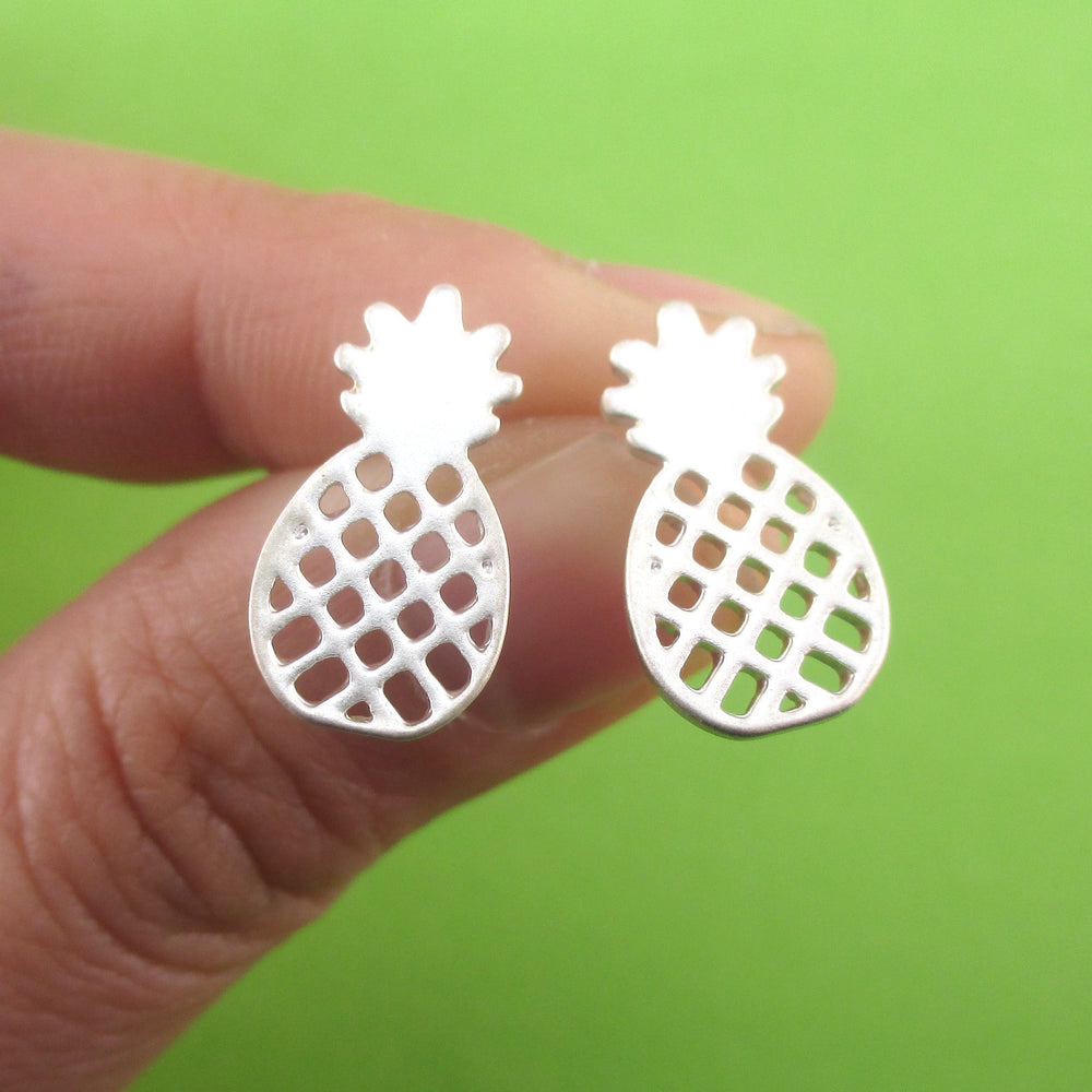 Tropical Fruity Pineapple Outline Shaped 925 Sterling Silver Stud Earrings