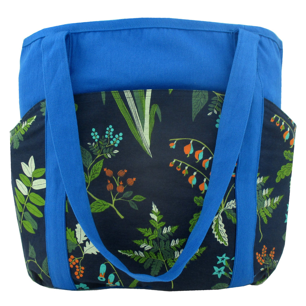 Large Utility Floral Print Blue Canvas Shoulder Tote Bag with Many Pockets